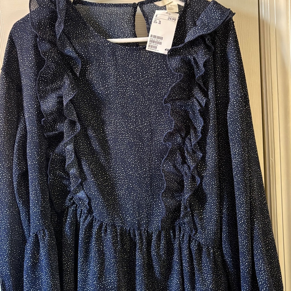 H&M Dark Blue Polka Dot Ruffle Blouse